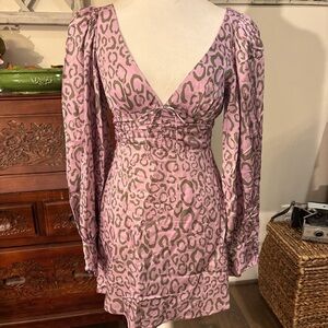 For Love And Lemons Pink V-Neck Bishop Sleeve Dress